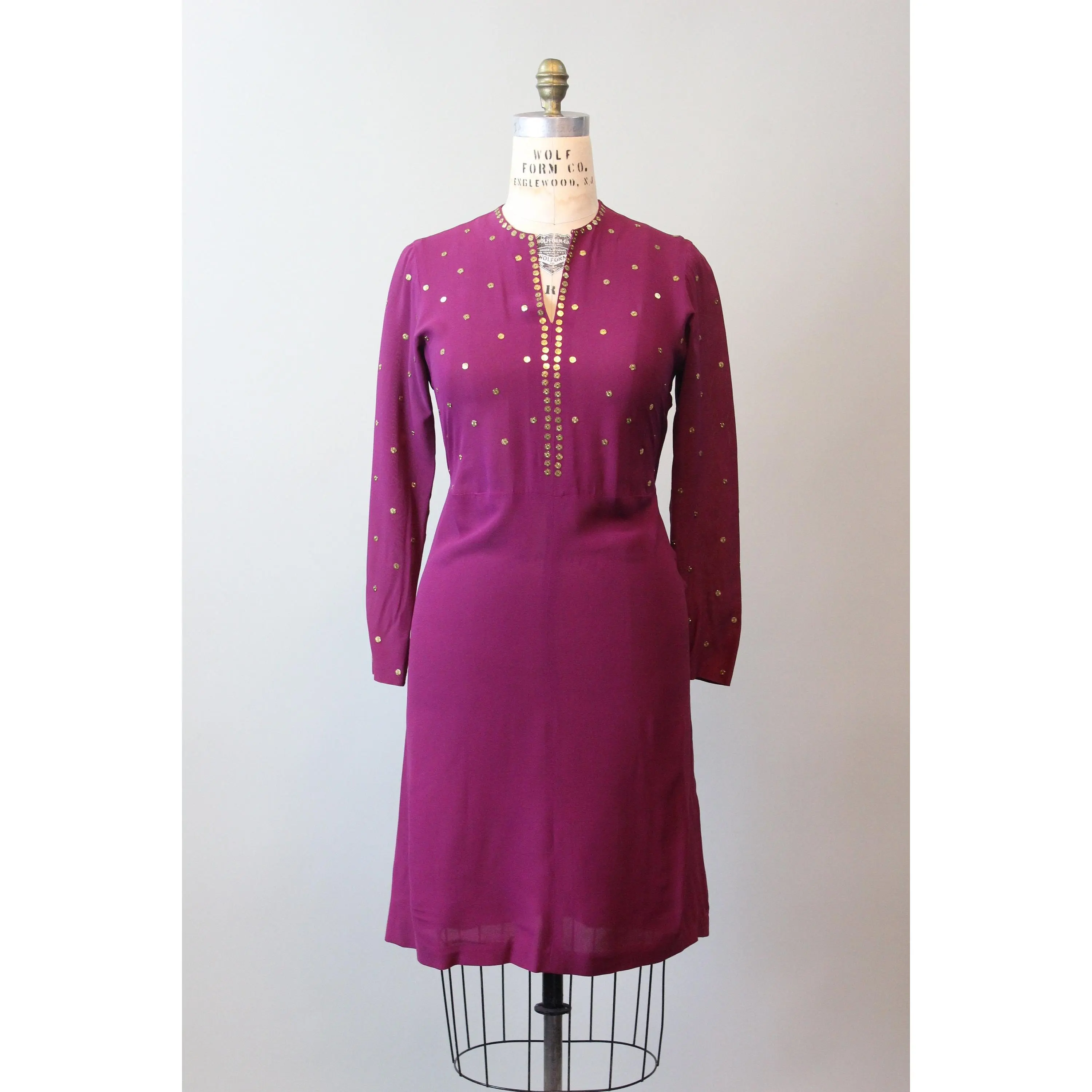 1930s magenta GOLD STUD rayon dress medium  |  new spring