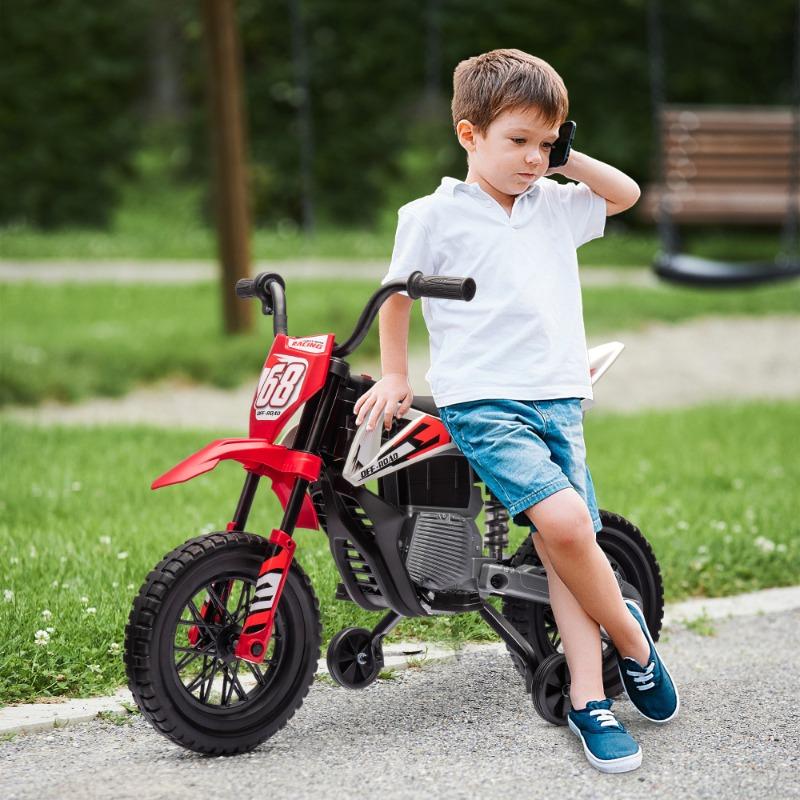 12V Red Kids Electric Dirt Bike with Twist Grip Throttle, Training Wheels, Rear Suspension & Music - Ages 3-6