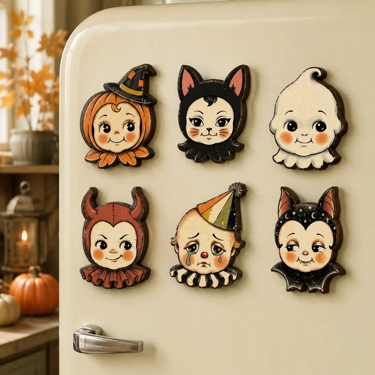 Vintage Halloween Face Fridge Magnets Set of 6, Wood 3mm Cute Retro Halloween Refrigerator Magnets, Kitschy Kitchen Decor Gift