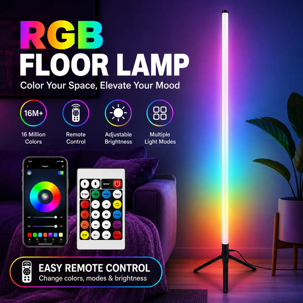 RGBIC Corner Floor Lamp for Room Backdrops, Slim Triangle-Base LED Light with Custom Colors, App & Remote Control and Adjustable Brightness for Bedroom & Gaming Area