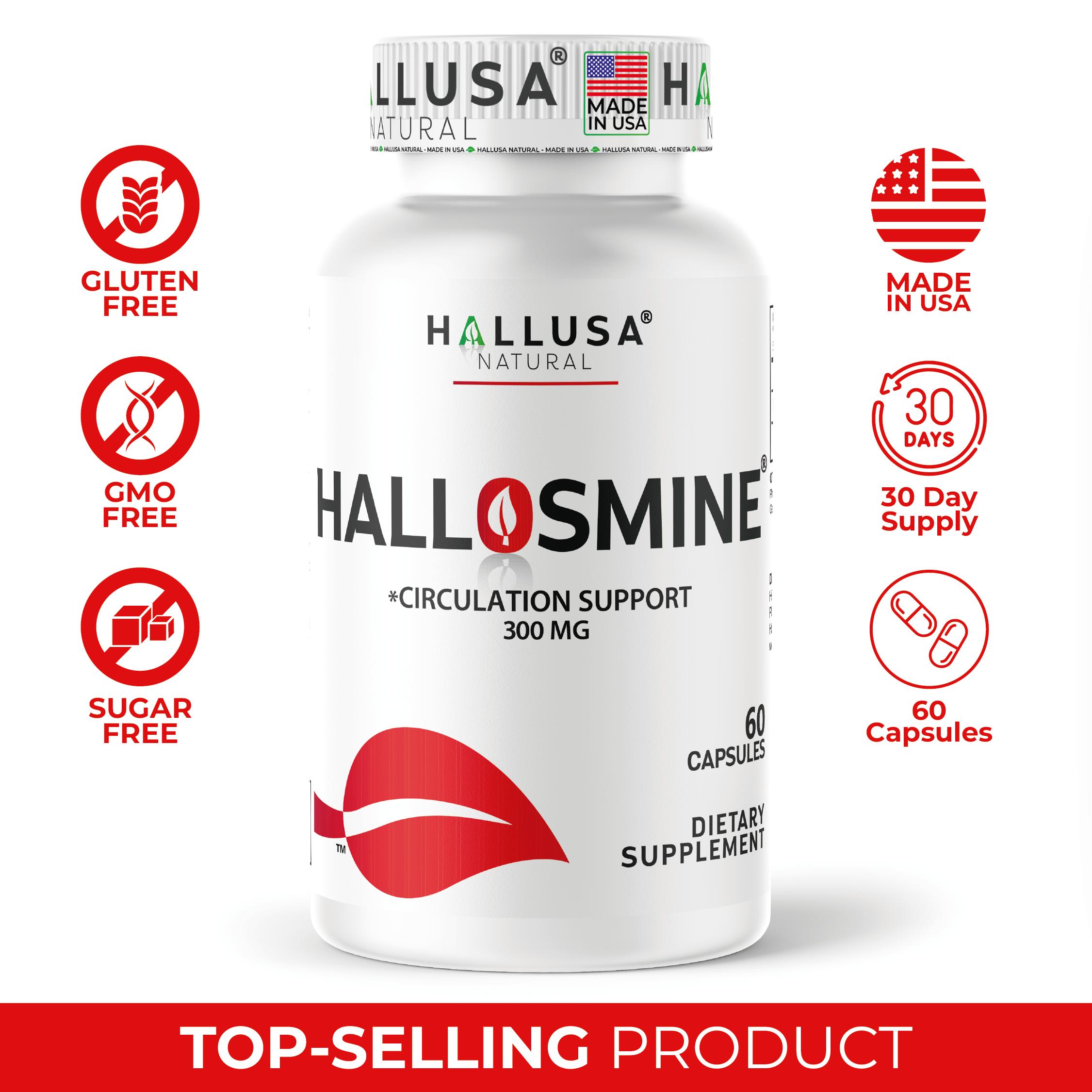 HALLUSA NATURAL HALLOSMINE 300 Mg Diosmin Circulation 60 Capsules Gluten-Free Organic GMO-Free Sugar-Free Supplement for