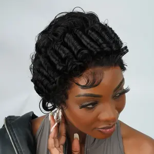 Dultev 13x6 Glueless Pixie Cut Wigs 004 for Women 180% Density Wear Go Lace Front Layered Luxury Beauty Curly HD Human Hair Wig