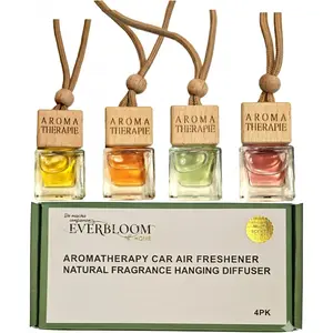 Aromatherapy Car Air Freshener, Natural Fragrance Hanging Diffuser, Long Lasting, Multiple Scents Including Peach, Vanilla, Pink Coconut, and Freesia, Glass Bottle with Wooden Cap, 4pcs