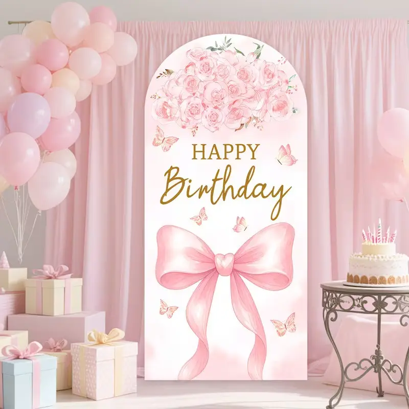 Pink Bow & Rose Butterflies Stretch Spandex Arch Backdrop Cover, Heat Transfer Printed Arched Banner, Soft Floral Fabric Background, Girls' Princess Theme Birthday Baby Shower Photo Prop & Party Decor Supply