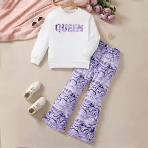 Ready Stock 8-12Y Big Girl Clothes Set Kids Clothing Spring Fall Queen Letter Tops Water Waves Pants Tween Outfits For Girl 132407145