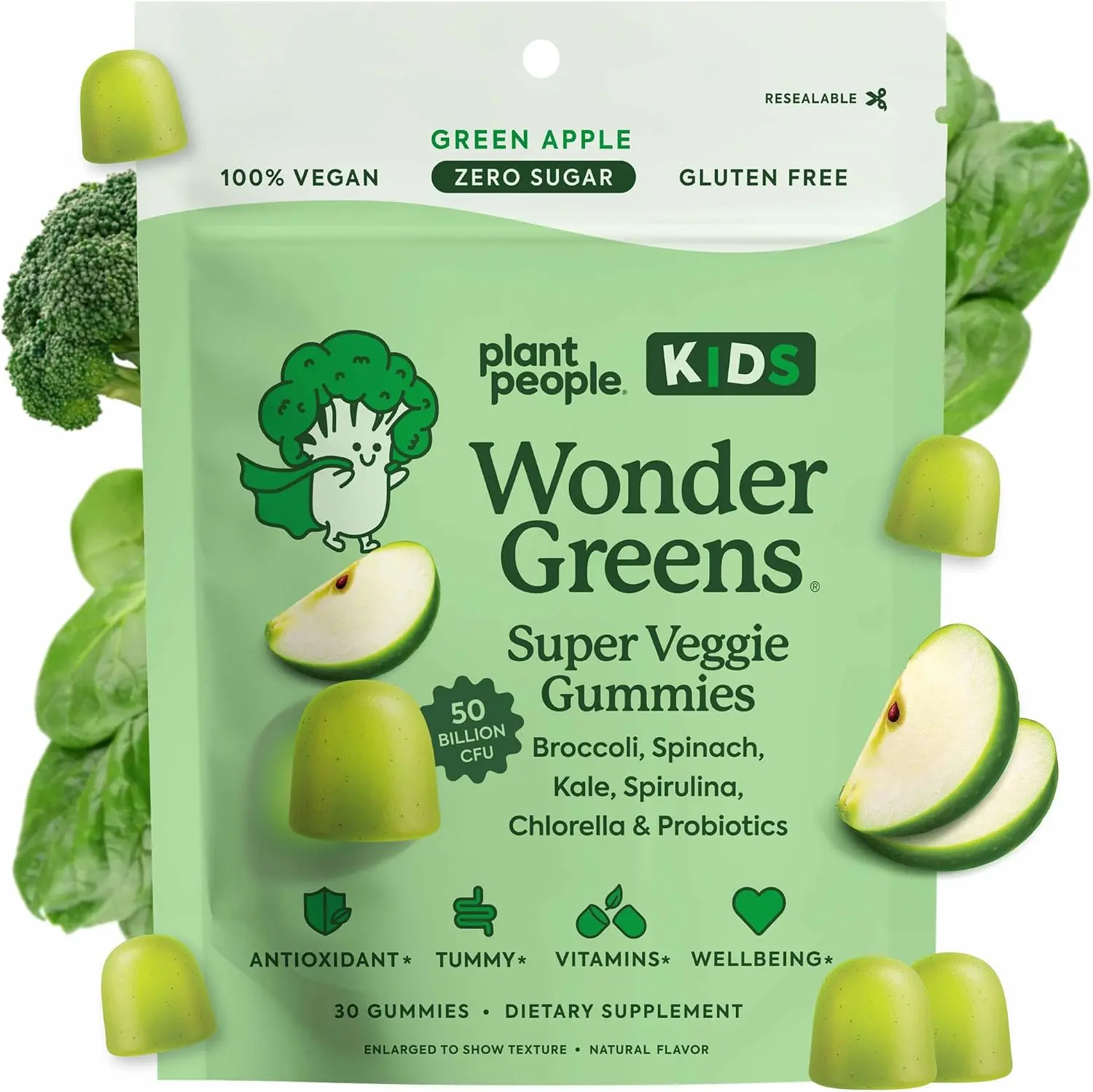WonderGreens Kids Super Veggie Gummies, Green Apple, 30 Count | Sugar-Free Greens Gummies for Kids, Allergen-Free Multivitamin for Picky Eaters with Probiotics, Tummy & Immune Support Supplement