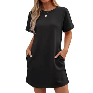 GRECERELLE Women's Casual T-Shirt Dress with Pockets Short Sleeve Shift Dresses Wrinkle-Resistant Above Knee Length