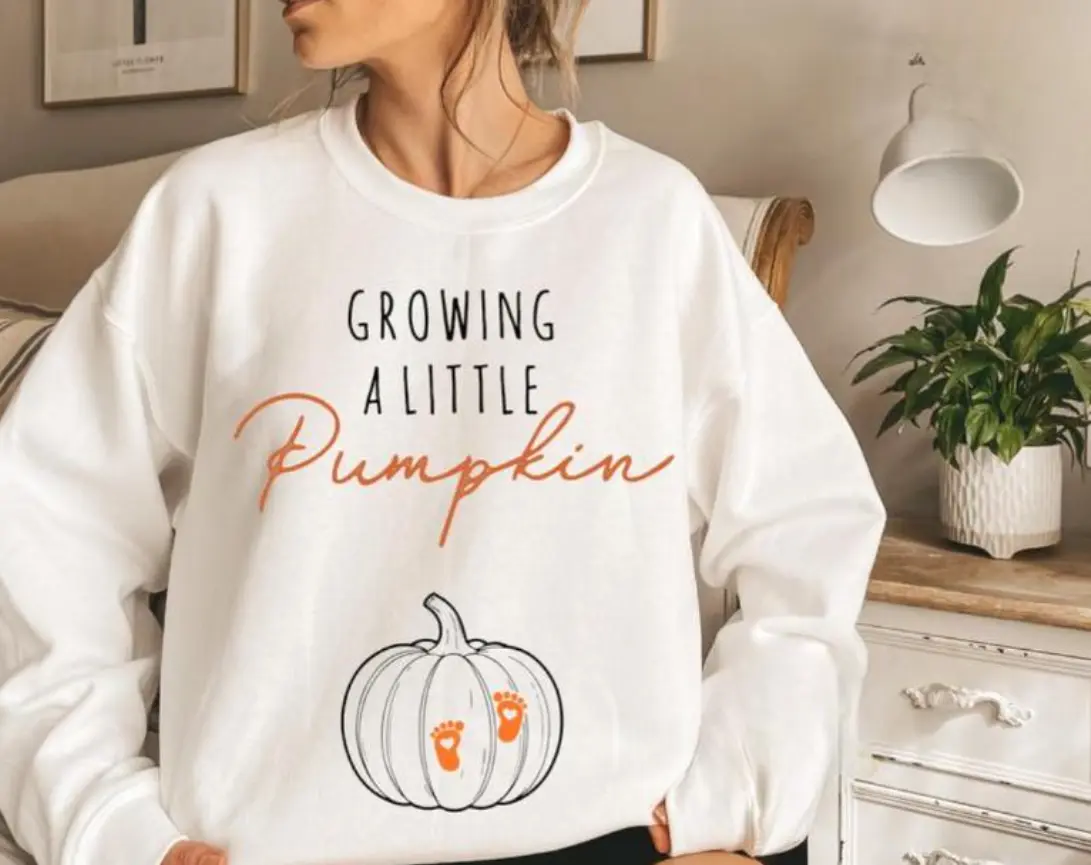 Growing A Little Pumpkin T-Shirt, Sweatshirt, Hoodie – Cute Fall Pregnancy Announcement Sweater With Baby Footprints & Pumpkin Graphic, Cozy Maternity Outfit For Expecting Moms