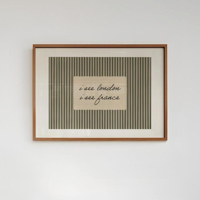 Horizontal Wall Art , Vintage "I See London I See France" Print: Green Striped Bathroom Decor| Framless Poster J