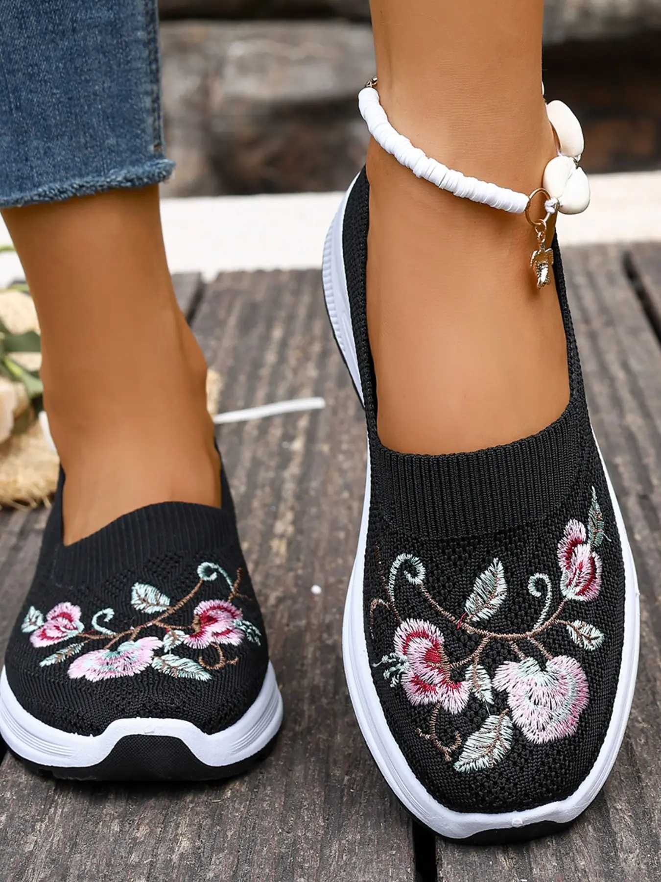 Women's Vintage Floral Embroidered Slip-On Sneakers, Rubber Slip Ons, Breathable Mesh Walking Shoes, Comfort Platform Casual Flats, Classics, Rubber Footwear