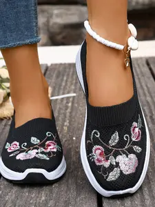 Women's Vintage Floral Embroidered Slip-On Sneakers, Breathable Mesh Walking Shoes, Comfort Platform Casual Flats, Classics