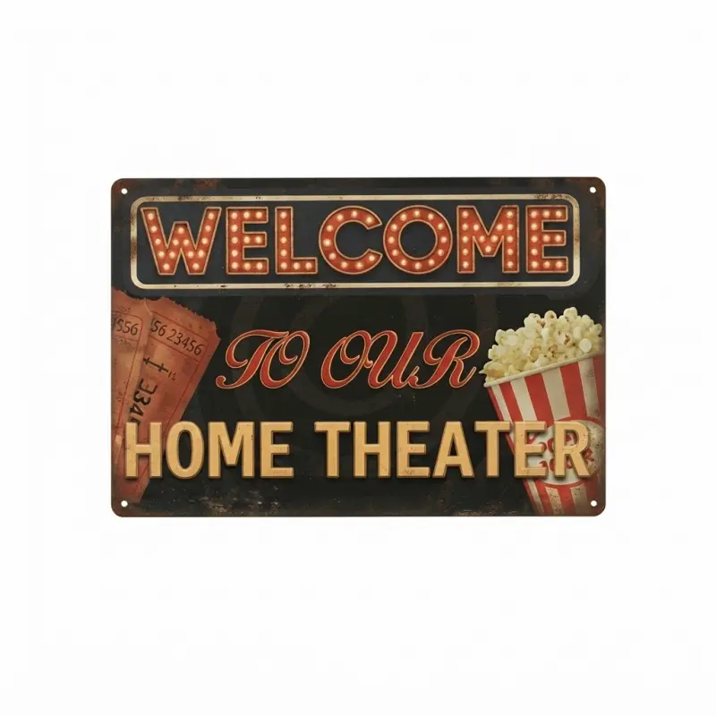 Vintage Metal Sign Welcome To Our Home Theater, 12x8In, 16x12In, Retro Movie Room Popcorn Metal Wall Art for Living Room, Basement & Home Theater Decor