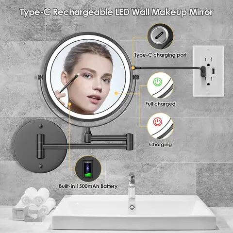 8 In Rechargeable Lighted Wall-Mounted Vanity Mirror, Double-Sided 1x/10x Magnifying, 360° Swivel, 3-Color Touch Screen Stepless Dimming, Type-C Charging, Extendable, 1500mAh, Warm/Cool/White Lighting, for Bathroom & Bedroom Home Decor