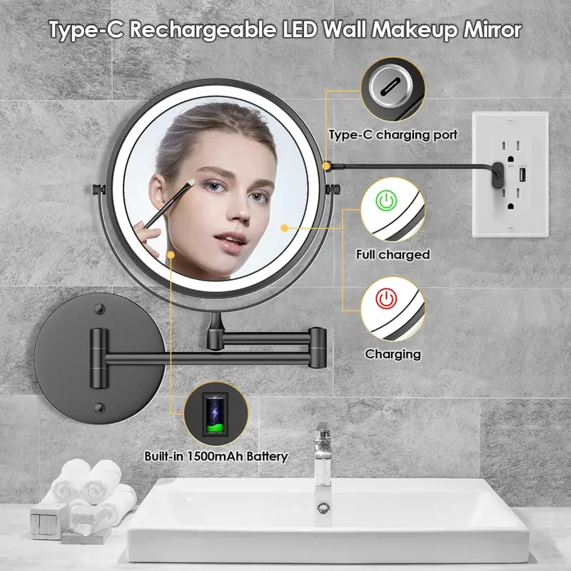 8 In Rechargeable Lighted Wall-Mounted Vanity Mirror, Double-Sided 1x/10x Magnifying, 360° Swivel, 3-Color Touch Screen Stepless Dimming, Type-C Charging, Extendable, 1500mAh, Warm/Cool/White Lighting, for Bathroom & Bedroom Home Decor