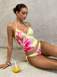 Women's Floral Print Tankini Set, Two-Piece Swimsuit with Tie Front, Casual Tropical Style, All Seasons Wear, Wireless Bra Type, Floral Print Swimsuits