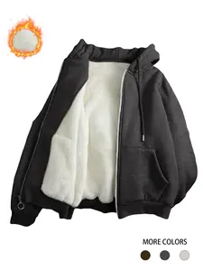 Women's Faux Shearling Zip-Up Hoodie, Casual Loose-Fit Long Sleeve Sweatshirt with Drawstring Pocket Design, Fall & Winter Fashion