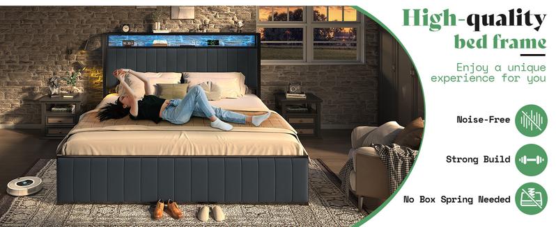 [Black Bed WITHOUT Foldable Ottoman] AMERLIFE TWO Different Bed Frames, Metal Bed with Foldable Ottoman, Velvet Upholstered Headboard/Metal Bed with PU Leather Headboard/ Both Including LED Lights, Charging Station,Storage Shelves/Christmas Gifts