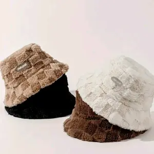 Fur Style Bucket Hat with Block Pattern for Men and Women bucket  hat puffy