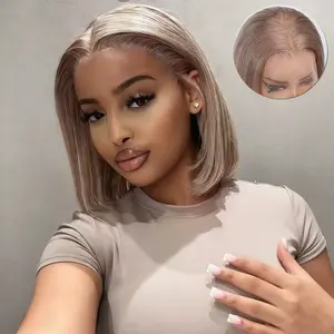 KINGSUP 13x4 Ashblonde Bob Lace Frontal Wig Human Hair Short Straight 12 Inch Brazilian Virgin Pre Plucked Hairline for Women