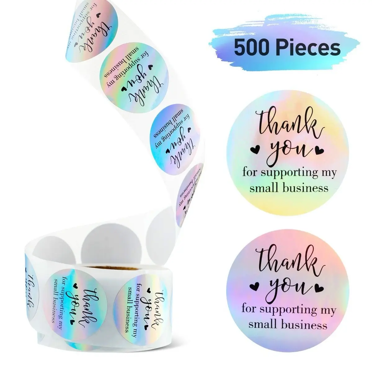 500pcs 1" Holographic Rainbow Thank You Stickers - Waterproof Self-Adhesive Seals for Small Business, Gift Decoration, Long-Lasting Water-Based Ink, No Fading Colorful Gratitude Labels