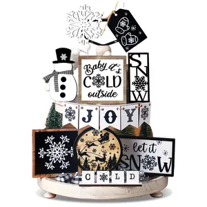 Winter Layered Tray Decor Set, Snowman & Snowflake Tabletop Ornaments, Christmas Tree Plaque, Farmhouse Coffee Spice Blocks
