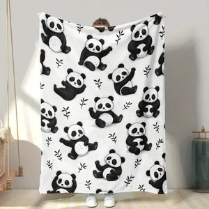 1pc Cute panda and bamboo pattern blanket, made of polyester, machine washable, suitable for bedroom and living room.Thin Blanket Dream Workshop