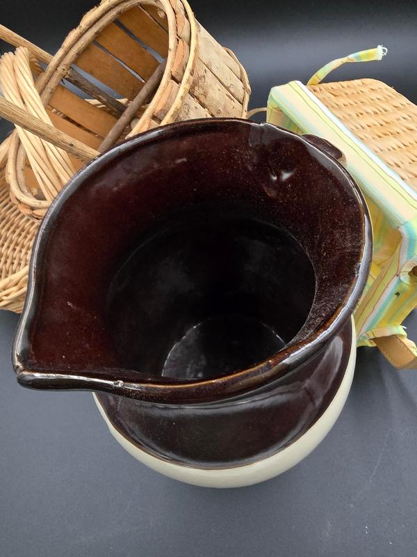 Rustic Farmhouse Pottery Jug Stoneware Pitcher with Classic Design for Home Decor Unique Brown and White Ceramic Vase Drinkware Vintage Style 11 x 8 Inches