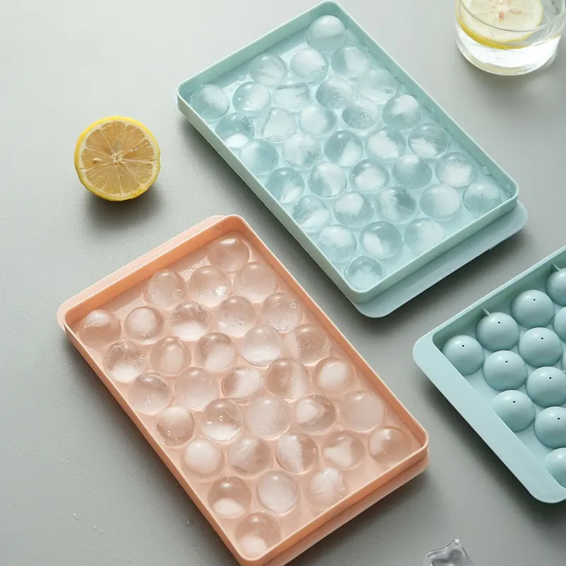 Blue/Pink Round Ice Cube Tray with Lid, 1 Count Reusable Ice Ball Mold, Easy-Release Ice Cube Maker for Whiskey, Cocktails, Coffee, Cold Drinks & Home Bar Accessories