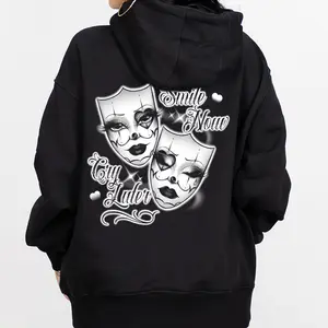 Graphic-Hoodie & T-Shirt Smile Now Cry Later 7 Chicano Streetwear Hoodie, Chicana Art Cholo Chola Outfit Cotton Casual Urban Fashion Top, Unisex Mexican American Lowrider Style Apparel
