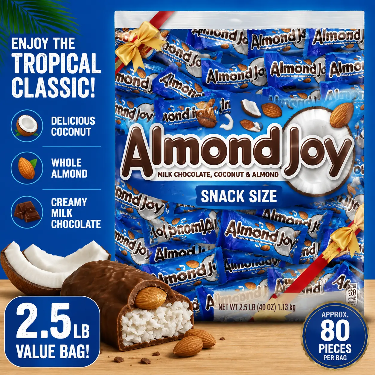 Almond Joy Snack Size Milk Chocolate Coconut Bars 2.5 lb  Almond & Coconut Candy Bars | Individually Wrapped Bulk Party Treats
