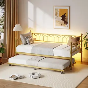 Garvee Twin Size Daybed with Trundle, Heavy Duty Metal Platform Sofa Bed Frame Featuring Charging Station and LED Lights, Space-Saving Twin Trundle Bed for Living Room, Bedroom, Apartment in Gold