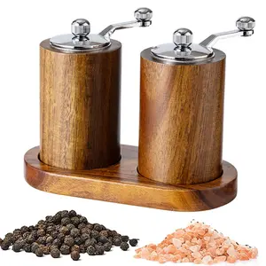 Acacia Wood Salt & Pepper Grinder Mills with Tray Set, Adjustable Ceramic Core, Includes 2 Extra Cores, Manual Refillable Spices