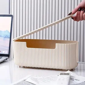 Textured plastic cable storage box with free cable ties. Durable sturdy structure with embossed texture. Perfect for organizing power cords and data cables. No power needed, ideal for home, office, desk drawer and tech enthusiasts.