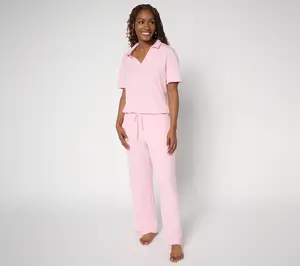 MUK LUKS Rib Knit Short Sleeve Collared Lounge Set