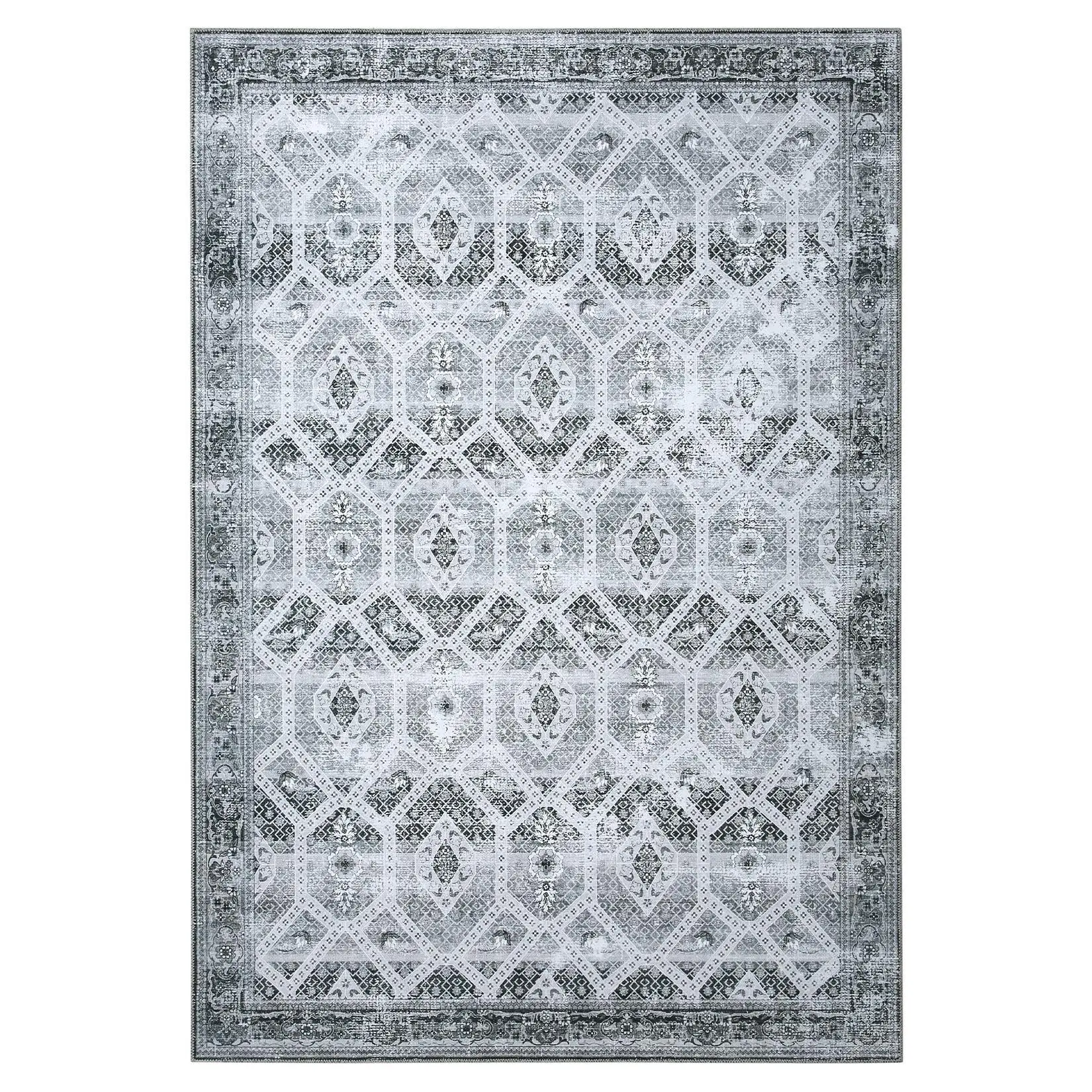 5 x 7 ft Polyester Gray Rectangular Hallway Bathroom Entryway Kitchen Office Foldable Flower Printed Persian Washable Area Rug-C