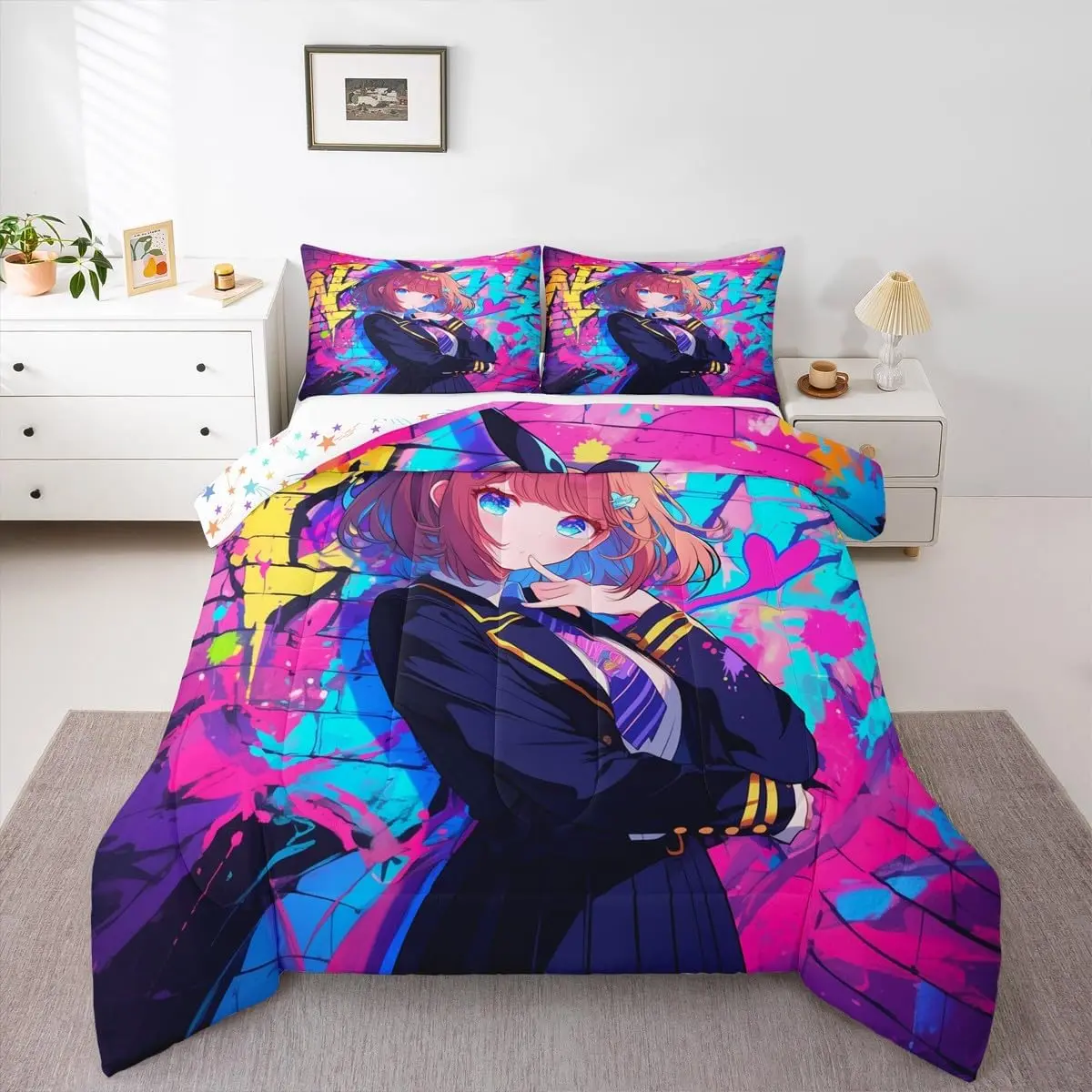 Japanese Anime Comforter Set,Kawaii Anime Bedding Set Cartoon Duvet Insert Adult,Japanese Animation Sci Fi Style Quilt with 1
