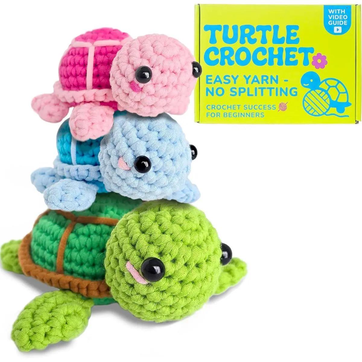 Turtle Crochet Kit for Beginners - DIY Amigurumi Animal Craft Kit with Full HD Video Tutorials & Easy No-Split Yarn - Complete Starter Set for Adults & Kids (Ages 13+)