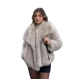 Elegant Faux Fur Coat Women's Soft Fluffy Texture Refined Lapel Collar Loose Long Sleeves High-Quality Material Autumn Winter Fashion Outerwear White Grey Minimalist Womenswear Jackets