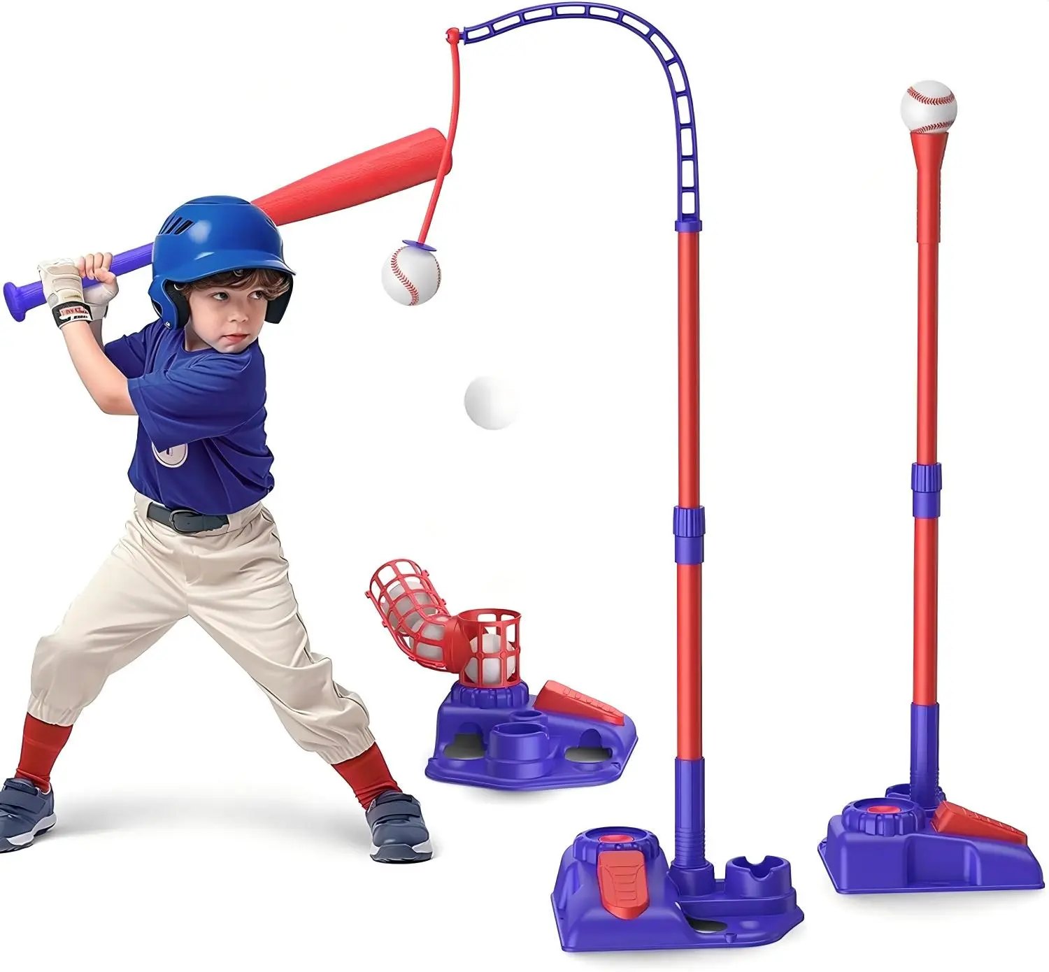3 in 1 Kids Baseball Tee Ball Set, Adjustable Height Baseball Toy with Automatic Pitcher, Hanging Tee & Standing Tee, Outdoor Sports Game Toy for Boys Girls