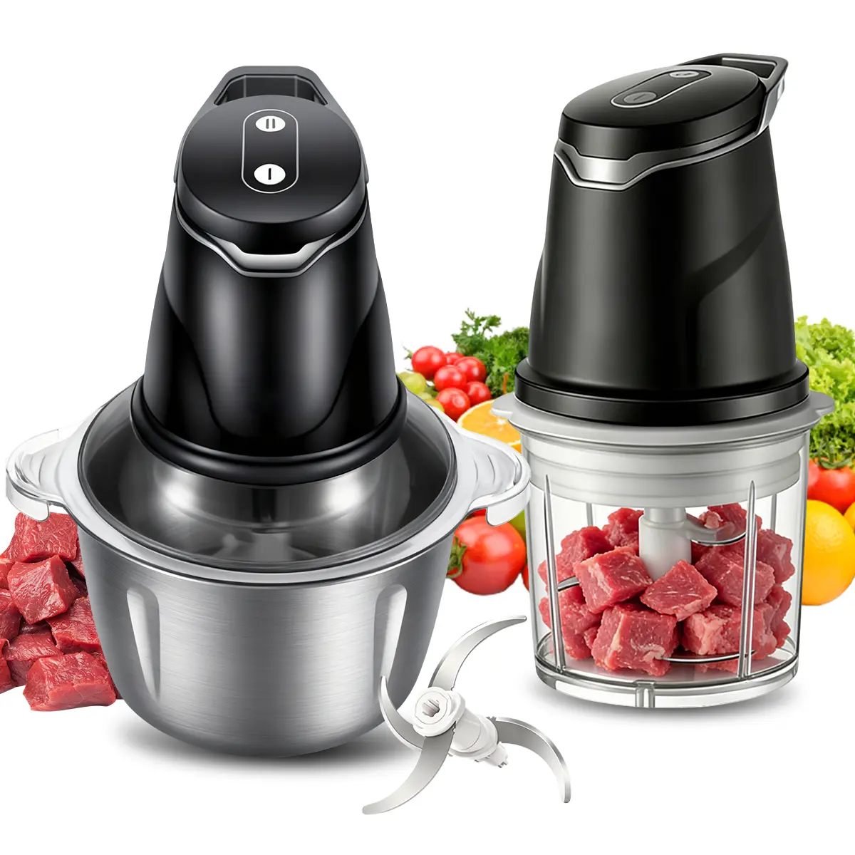 Round Corded Compact Electric Food Chopper - 2 Stainless Steel & Glass Bowls, 2-Speed Processor with Sharp Blades, Multifunctional Slicer/Grinder for Home Use (Meat, Veggies)