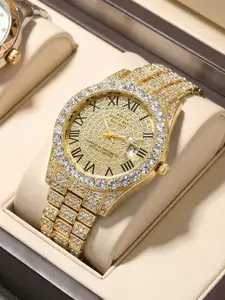 moissanite watch  Men's Luxury Rhinestone Decorated Round Dial Quartz Watch Pendant Jewelry Set Diamond Classic