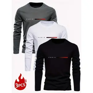 (New)3-Pack Men'S Casual Crew Neck Long Sleeve T-Shirts - Knit Polyester 95%, Elastane 5% - Slight Stretch, Basic Style with Random Print DesignGift