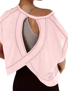 Women's Casual Short Sleeve T-Shirt, Solid Color Backless Cross Top, Perfect for Gym & Daily Wear, Ladies Fashion Clothing