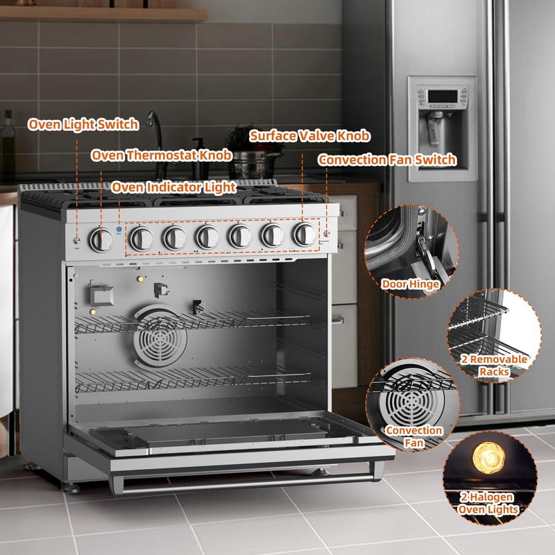 GARVEE 36” Freestanding Gas Range Stove with 6 Sealed Gas Burner & 6.0 Cu.Ft Electric Convection Oven, Stainless Steel Dual Fuel Range, Slide-In Gas Range Combo for Home and Commercial Use