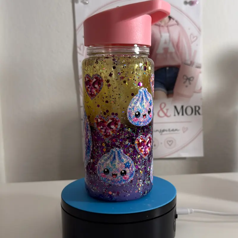 Dumplings Glitter Water Bottle with Pink Lid and Heart & Dumpling Designs for Kids