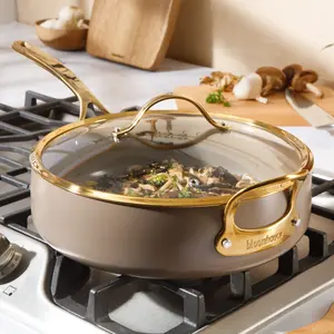 6 Quart Sauté Pan with Lid - PFAS-Free Ceramic Nonstick Aluminum - Cappuccino Cream with Gold Handles