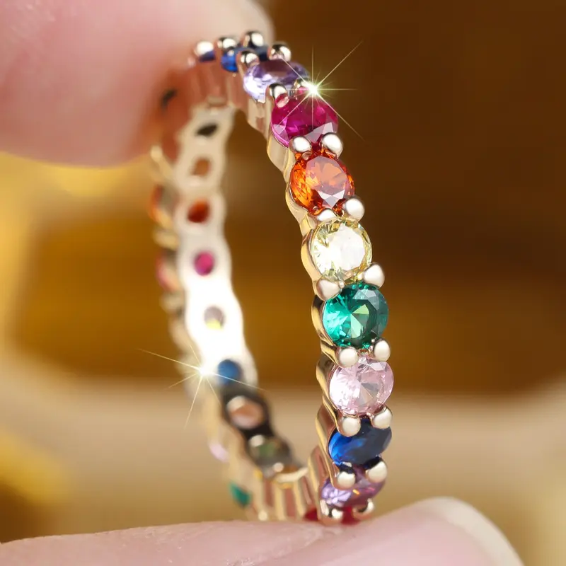 Women's Shiny Sparkling Rings Versatile Single Row Colorful, Trendy Jewelry Gift for Her Birthday Anniversary