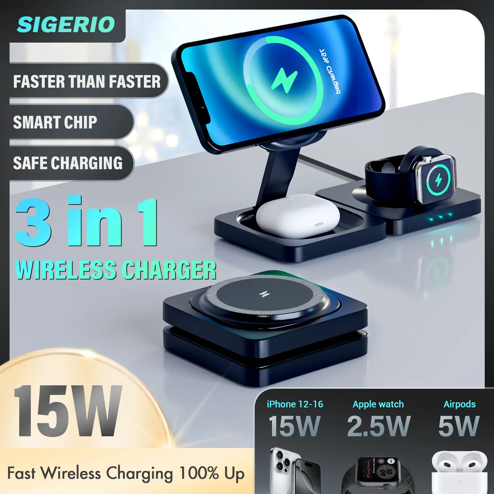 22.5W 3 in 1 Wireless Charger, Foldable Magnetic Fast Charging Station for Apple Devices for iPhones, airpods and iWatch