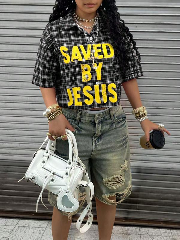Y2K Style Plaid Button Down Crop Top Blouse for Women Vintage Streetwear Retro Fit Short Sleeve Graphic Design Saved By Jesus