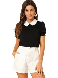 INSPIRE CHIC Vintage Peter Pan Collar Contrast Puff Short Sleeve Blouse Top